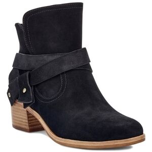 UGG Elora Ankle Boot Nubuck Suede Leather  Strappy Block Heel Scandi Black 7.5